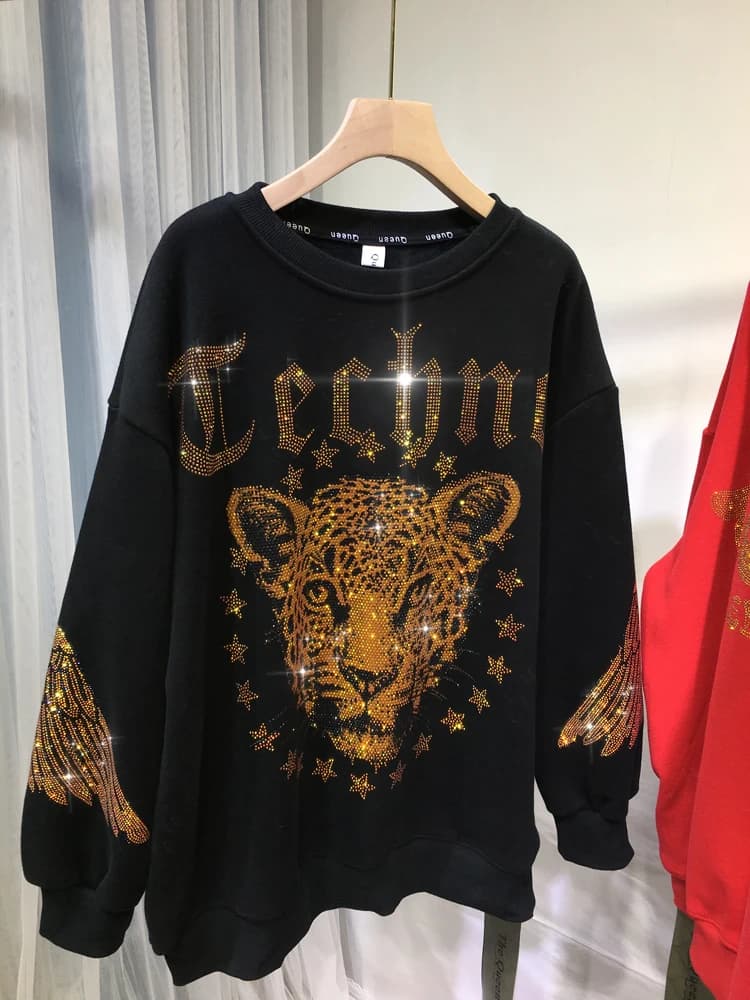 Leopard Strass L-4XL Plus Size Shirt Women's Luxury Brand Sweatshirt Man Spring Autumn Large Size Women's Sweatshirt