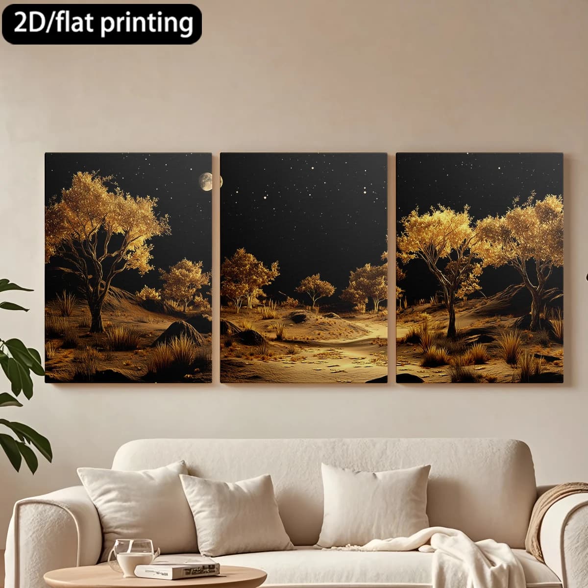 Decorative painting on canvas with wooden frame, 3 pieces. Charming moonlight desert, golden trees. Tende per camera da letto ikea.