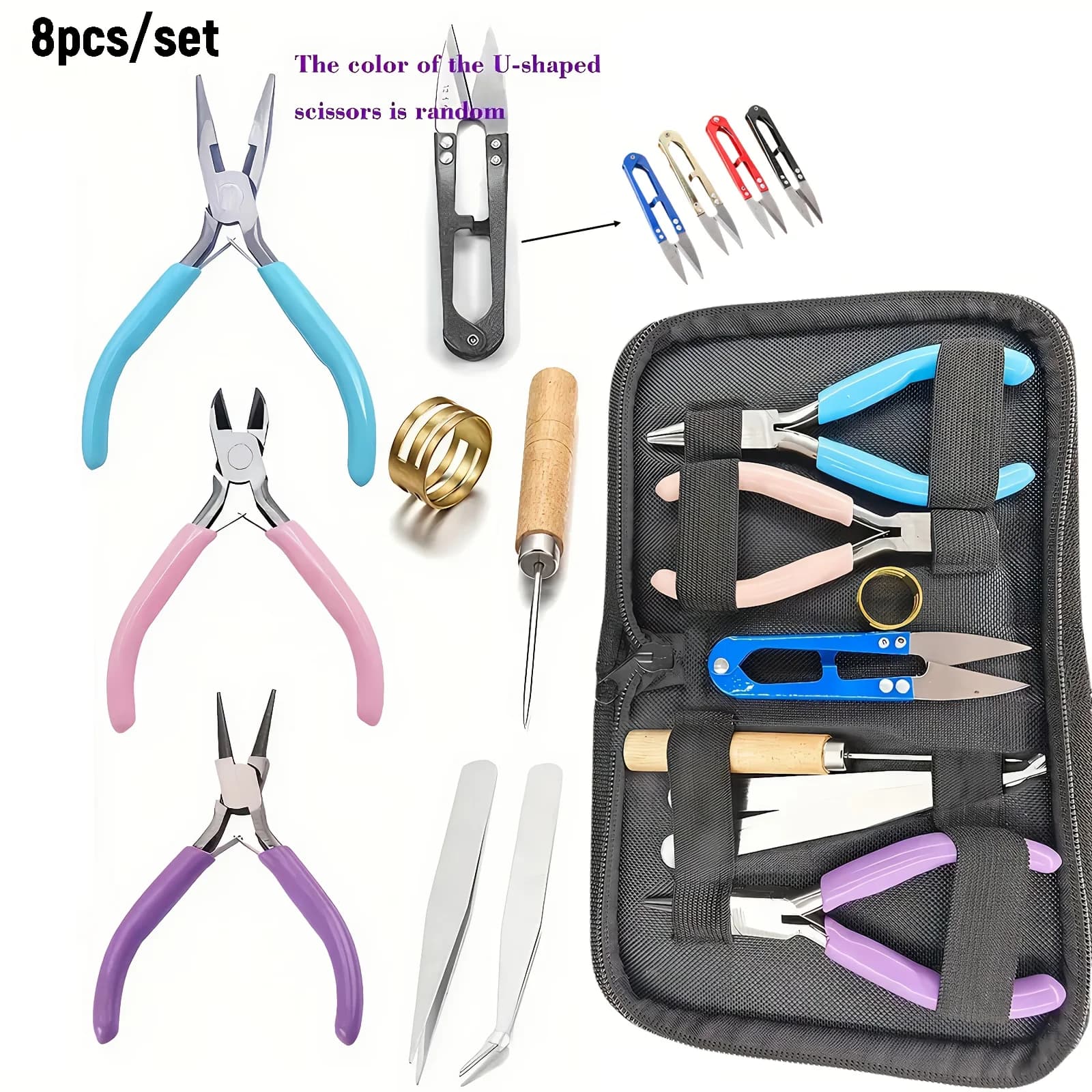 8 pieces/set jewelry making pliers set - needle nose, round nose, thread knife, tweezers - used for making, thread wrapping