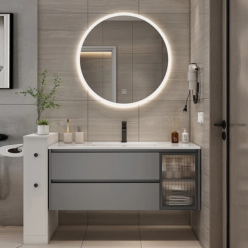 Mobile bagno intelligente in marmo con lavabo e specchio, combinazione lavabo e specchio rotondo per il lavaggio delle mani