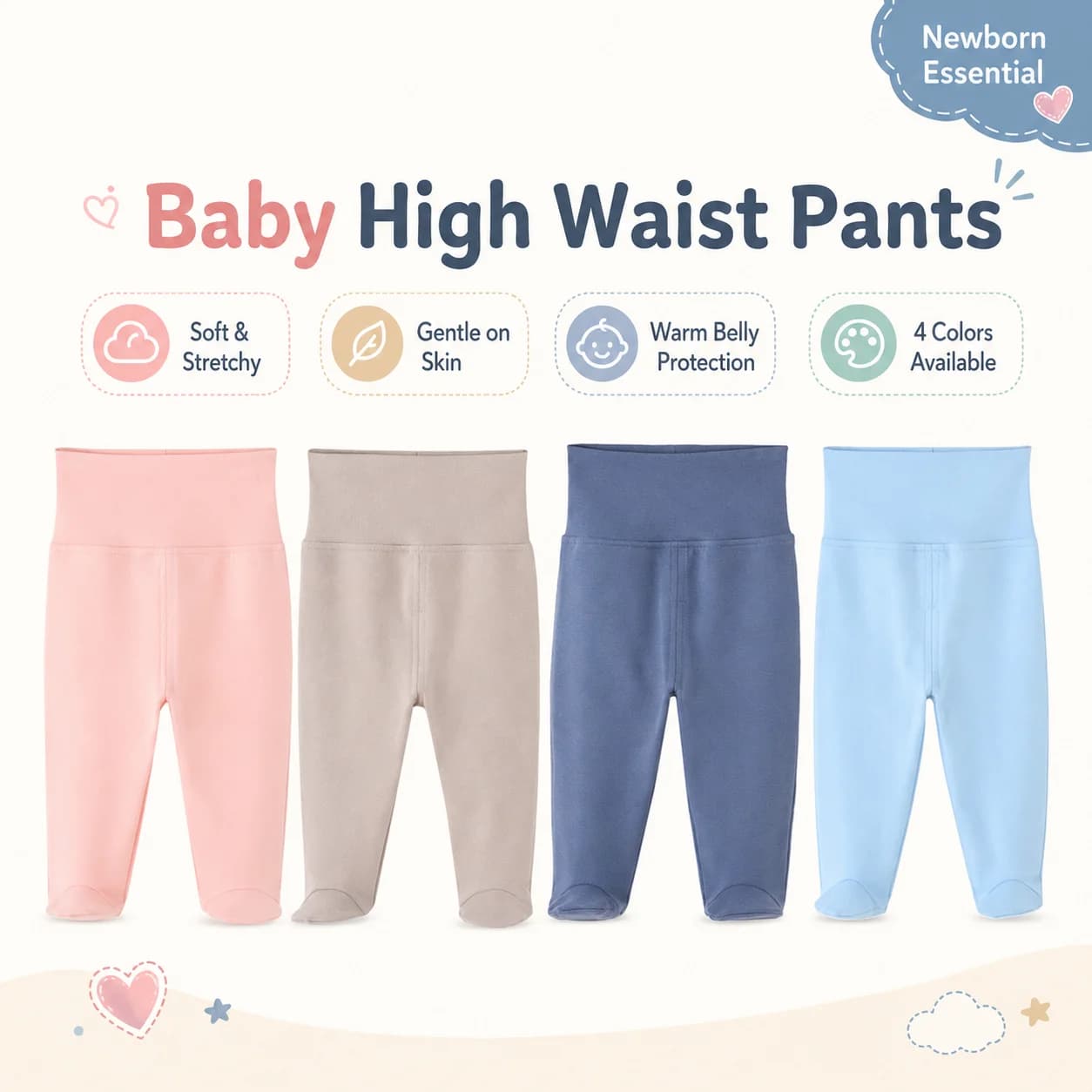 Baby High Waist Footed Pants Newborn Infant Soft Stretchy Leggings Solid Color Belly Protection Trousers for Boys Girls