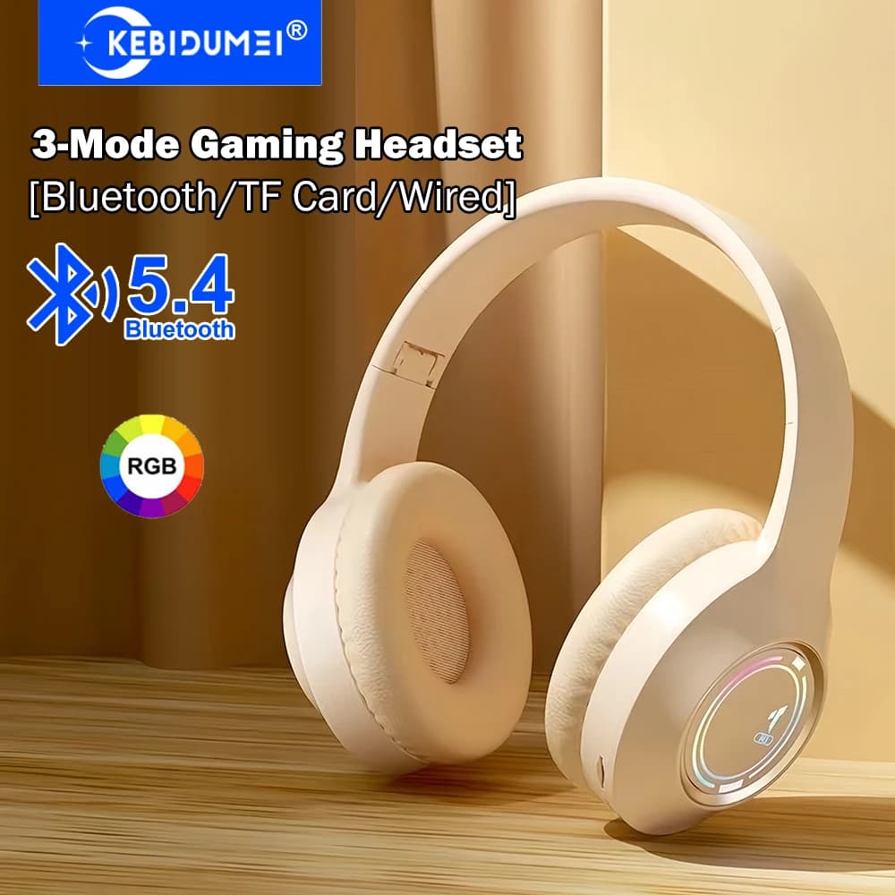 KEBIDUMEI Cuffie da gioco over-ear RGB Bluetooth 5.4 con cavo da 3,5 mm, scheda TF, auricolari tri-mode, cuffie wireless stereo HiFi