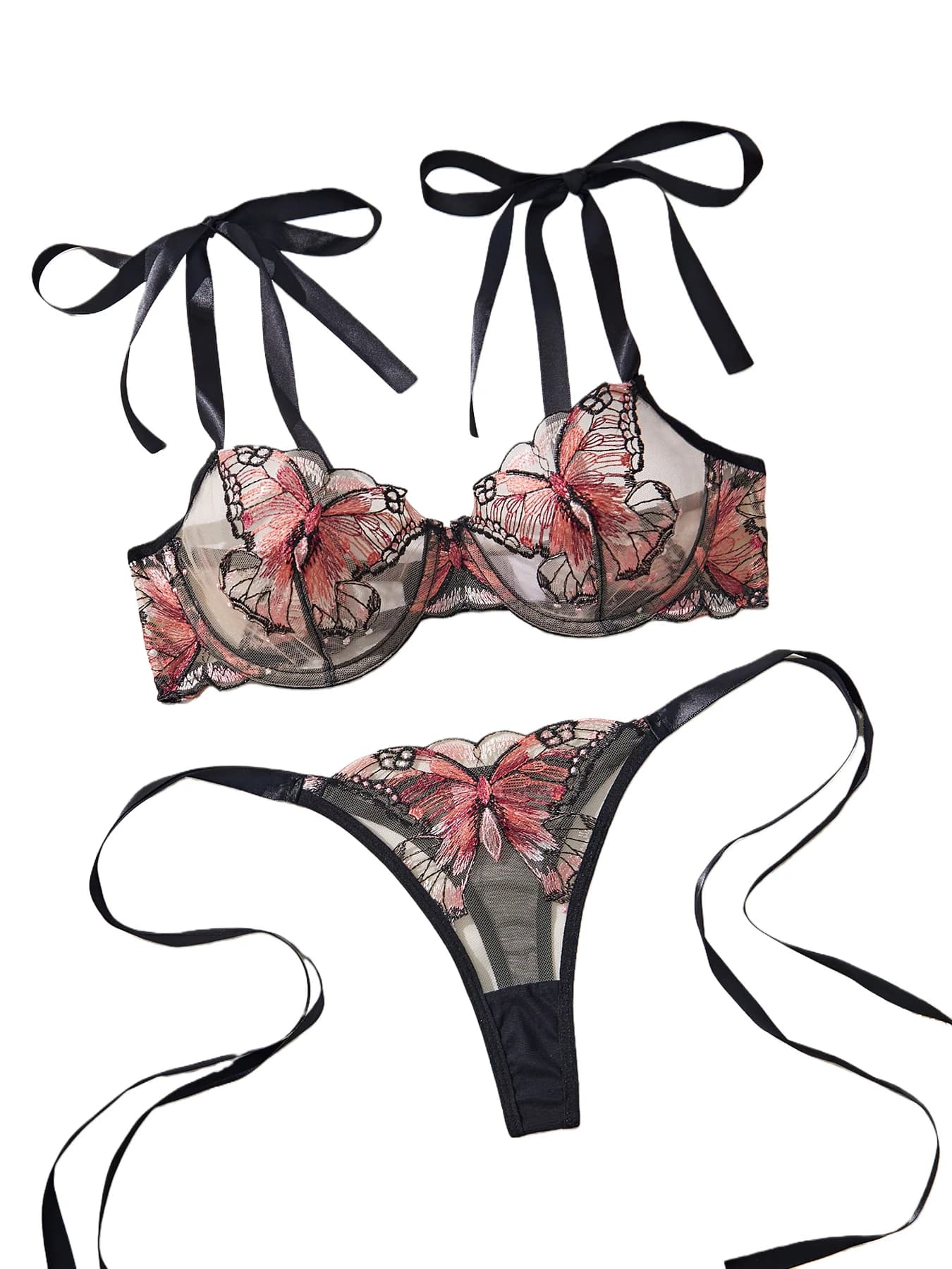 Lady 2 pezzi lingerie elegante bowknot vedere attraverso sexy reggiseno a farfalla slip set di biancheria intima intima per ragazza carina