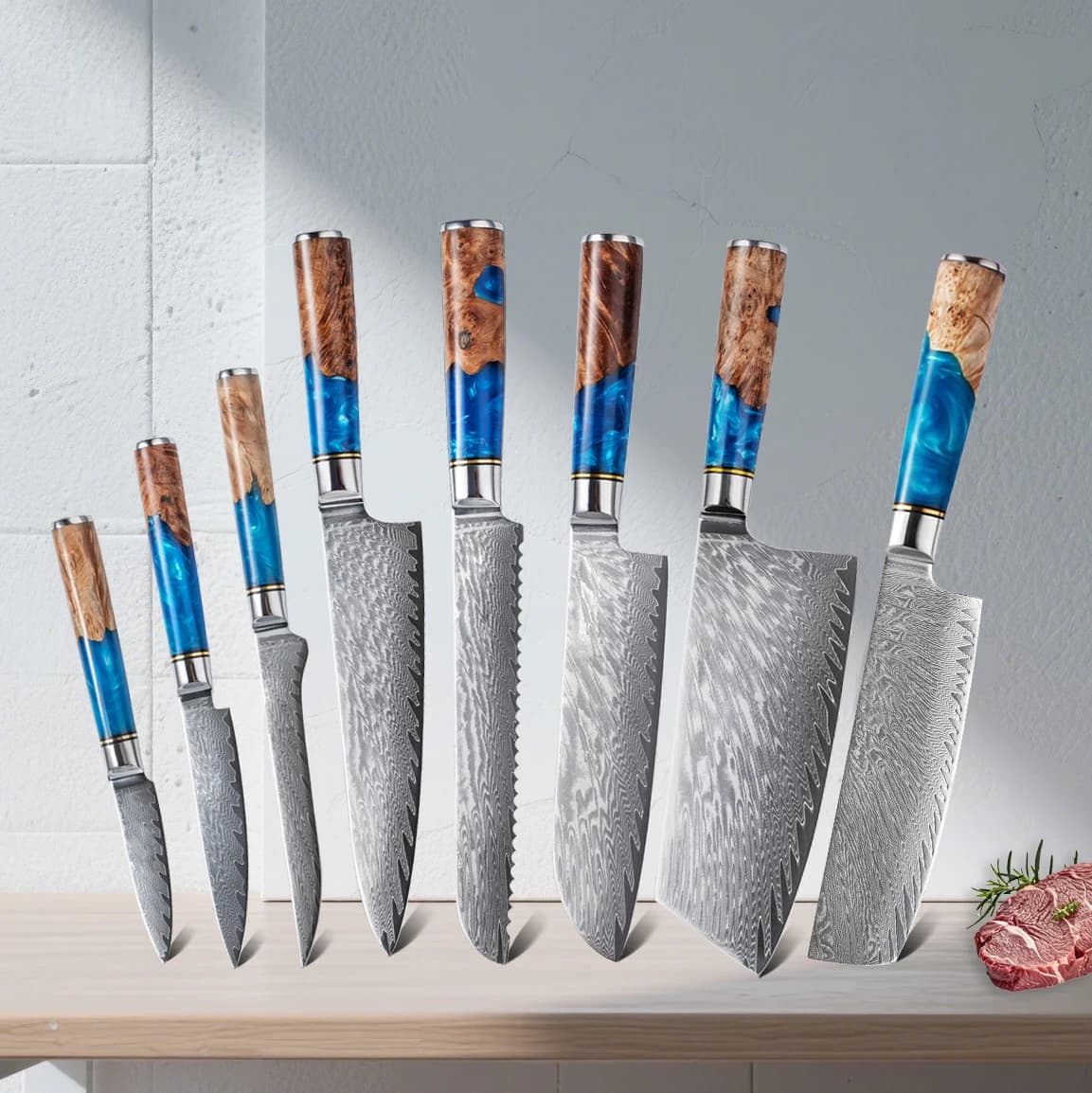 Damascus VG10 steel kitchen knife set, chef knife, butcher knife, carving knife, bread knife, blue resin handle.