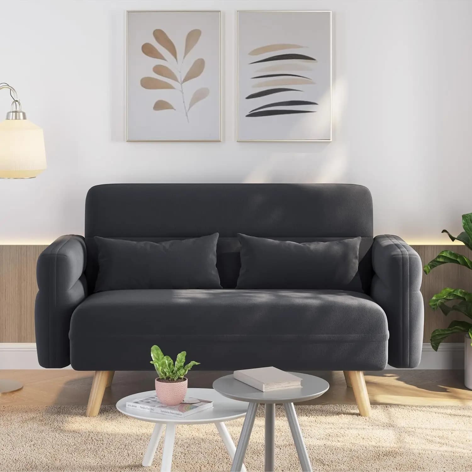 Divano a due posti piccolo e moderno in tessuto da 46' con cuscini lombari, gambe in legno massello, grigio scuro