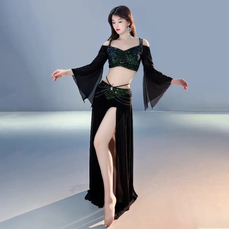 Ventre Dance Costume Set for Women, Top Sleeves Lengths on the Net, Long skirt, Fitted, Oriental Dancewear, Cosplay Outfit