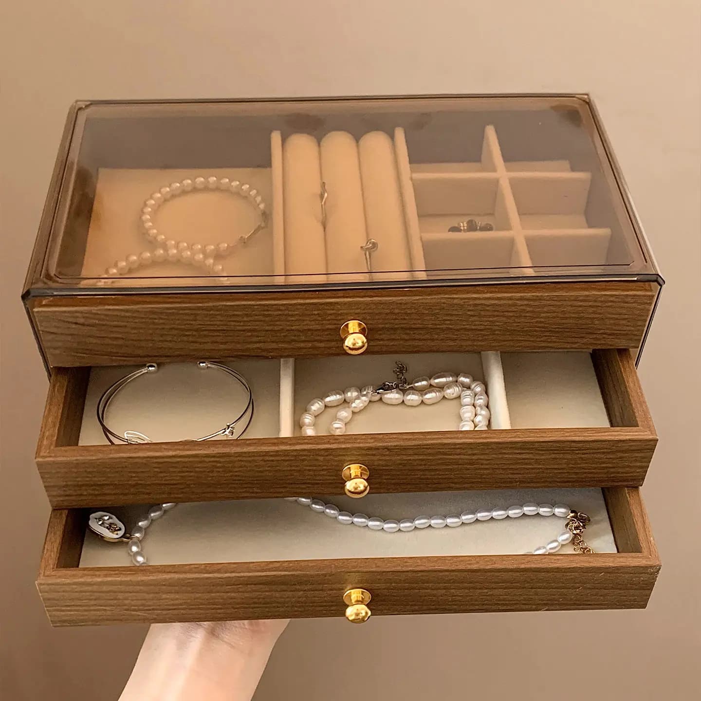 Three-tier jewelry box multi-layer walnut color ring and necklace storage box display box jewelry box