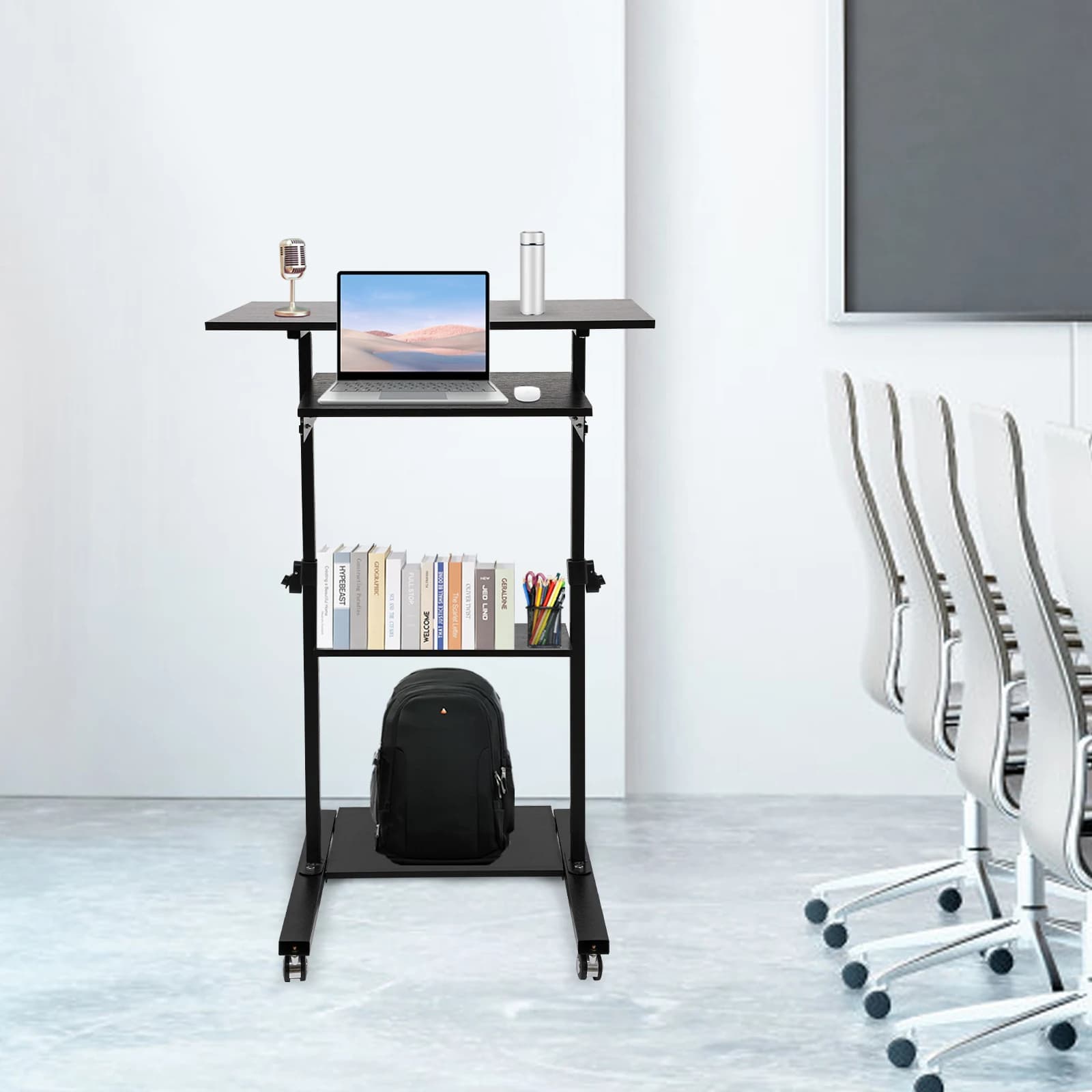 Scrivania mobile con ruote, scrivania per computer con ruote, postazione di lavoro per laptop a 4 livelli con altezza regolabile, leggio per ufficio domestico