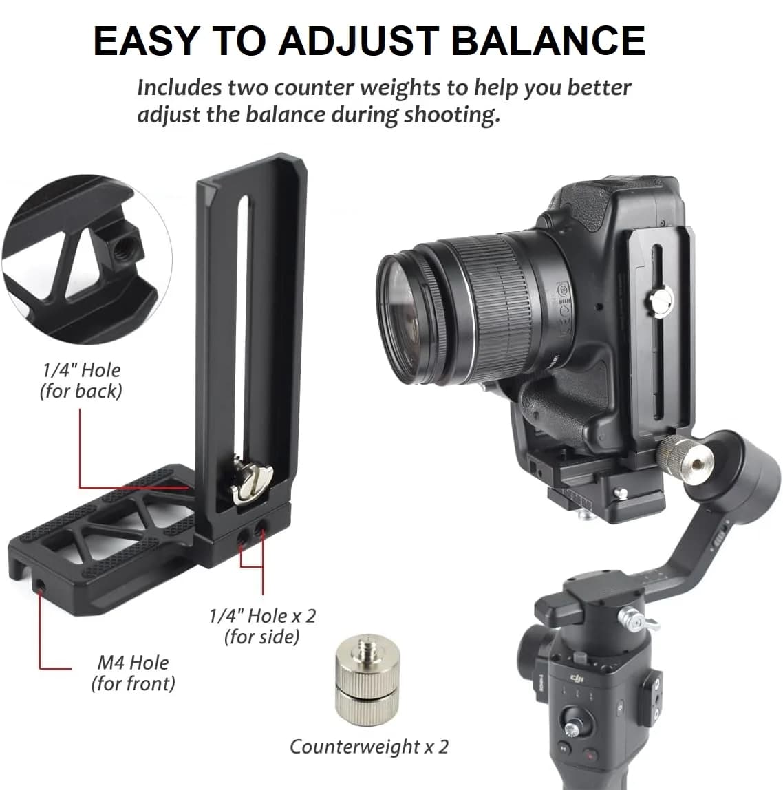 Supporto per fotocamera con staffa a L, scatto verticale per giunto cardanico DJI Ronin SC, con piastra a sgancio rapido Arca-Swiss e contatore pesi per bilanciare