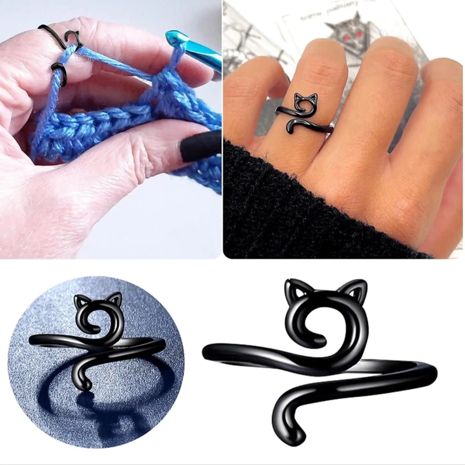 Anello Regolabile per Tensione Uncinetto a Forma di Gatto, Anello Guida Filo per Uncinetto per Principianti, Porta Uncinetto da Dito, Ditali e Strumenti Avvolgitore Filo