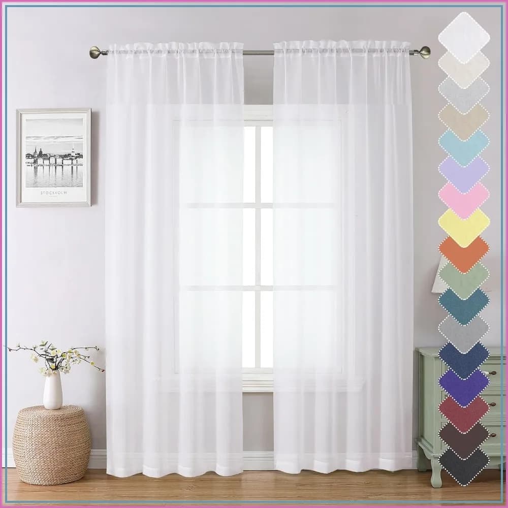 Sheer Curtains 84in Long 2 Panels, White Voile Drapes for Living Room, Light Filtering, Rod Pocket