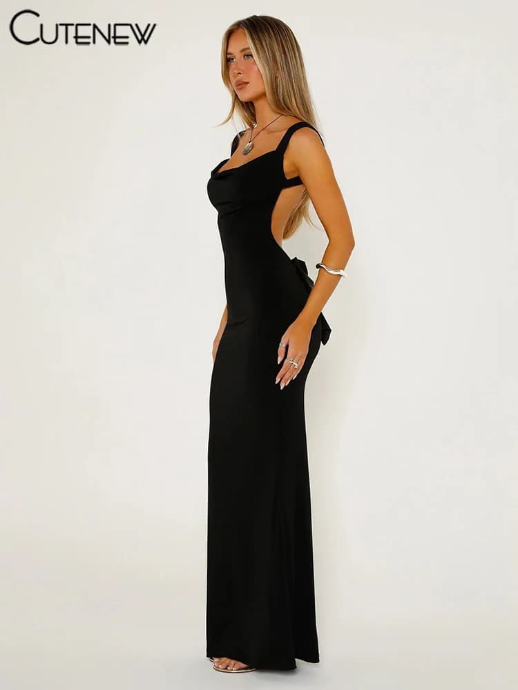 NIBBER Abito lungo elegante solido da donna Sexy Halter Spaghetti Lady Abiti lunghi Bowknot Lace-up Girl Backless Abito da festa femminile