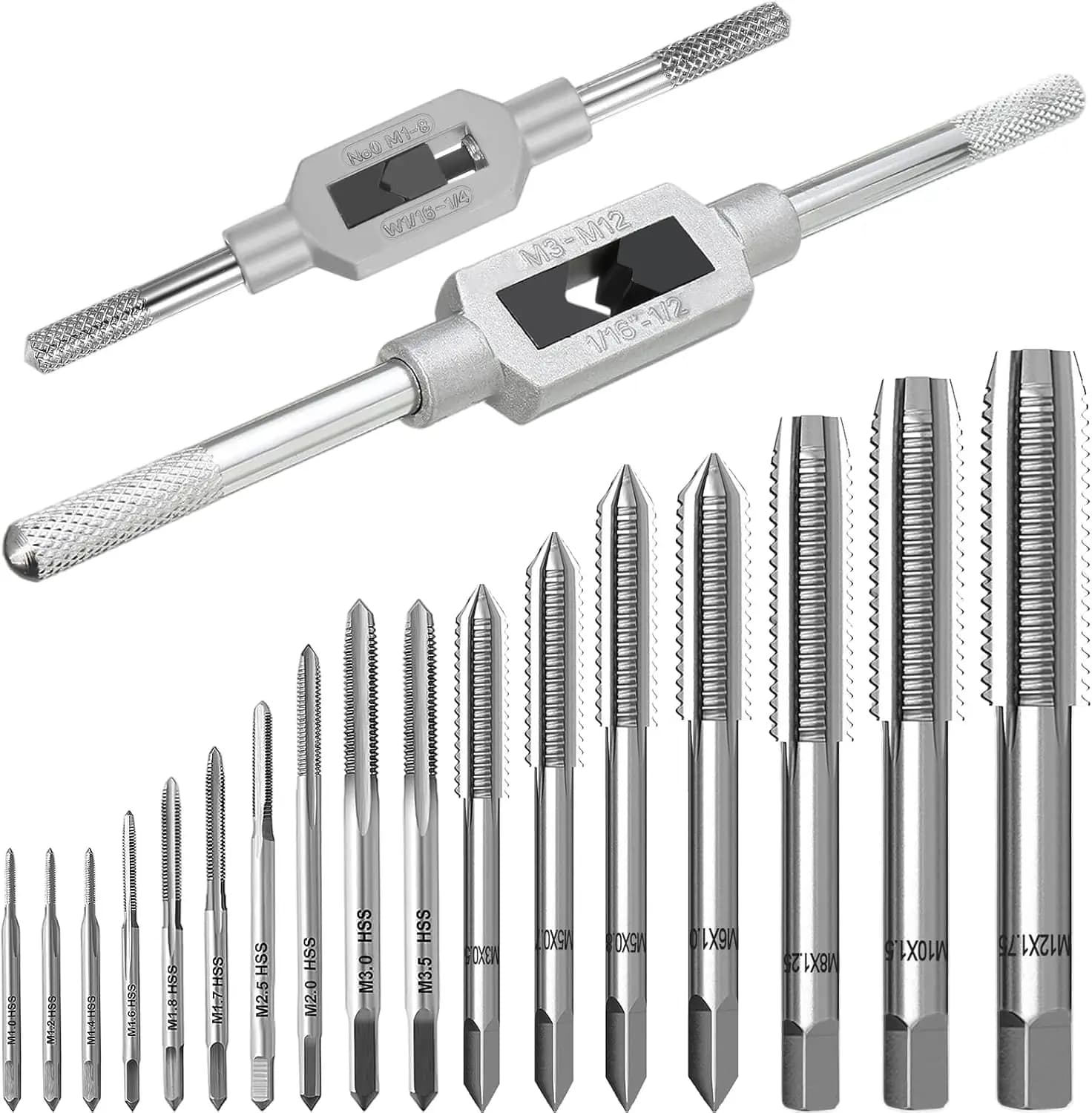 Set di 19 Maschi e Filiere Metrici con Chiave Regolabile, Mini Maschi per Filettatura M1-M12 per Uso Manuale