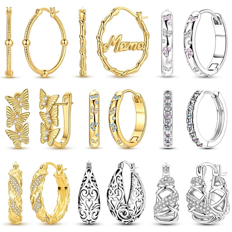 925 Sterling Silver Earrings for Woman Golden Hoop Earrings Butterfly Dreamcatcher Yoga Heart Party Anniversary Jewelry