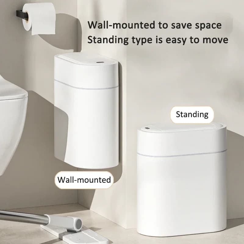 Bidone della spazzatura con sensore per pattumiera ad adsorbimento automatico bidirezionale con coperchio Cestino della spazzatura elettrico per WC a fessura stretta da 9 litri