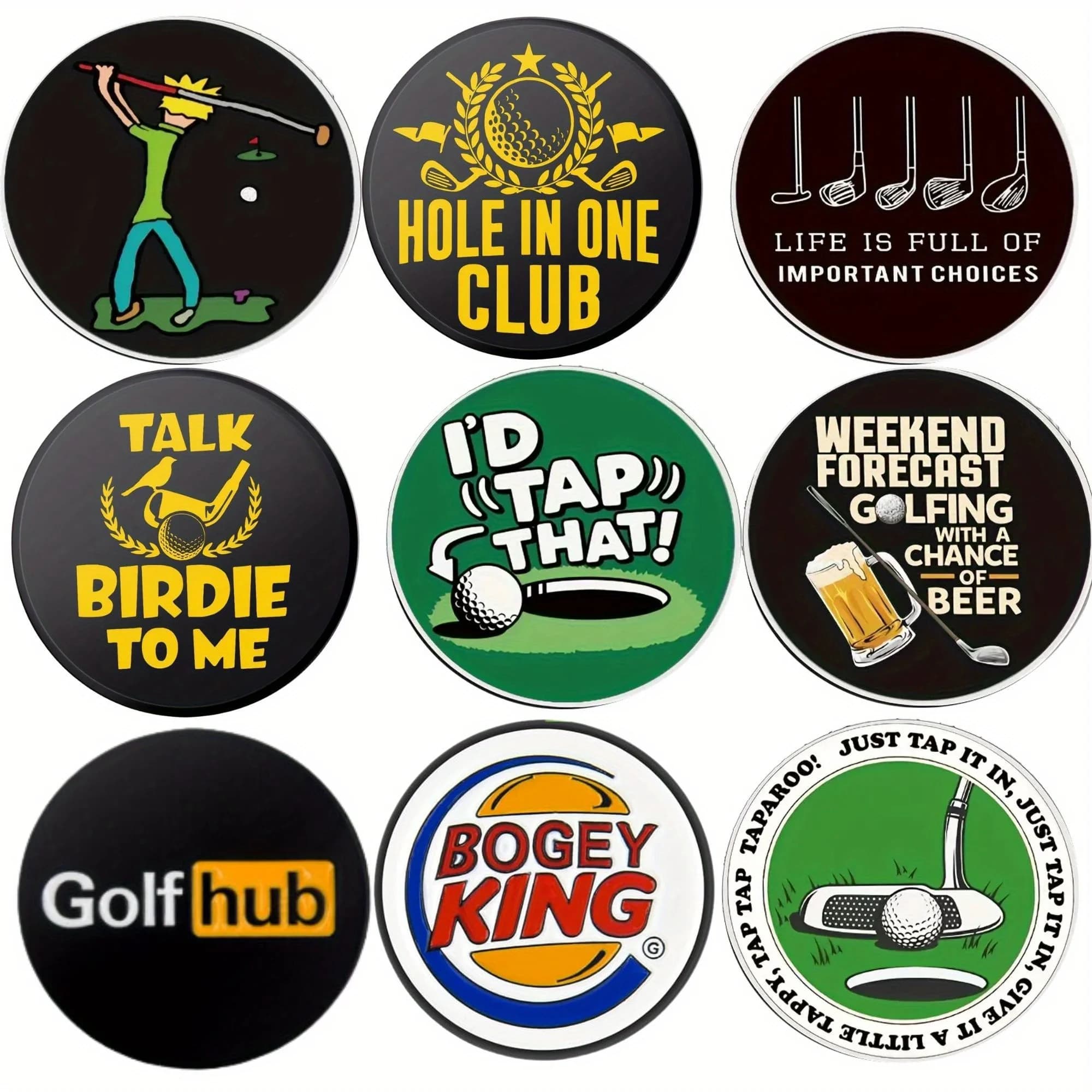 Marcatori per palline da golf con motivi assortiti, confezione conveniente da 9 pezzi, regali per il golf, clip per cappello da golf e strumenti per riparare i divot, accessori da golf per papà