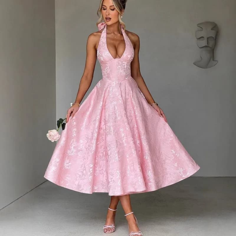 Elegante scollo a V Halter Tie-up Jacquard Party Dress Donna Backless Pieghettato A-line Abiti da ballo da cocktail Abiti sexy Nuovi abiti lunghi
