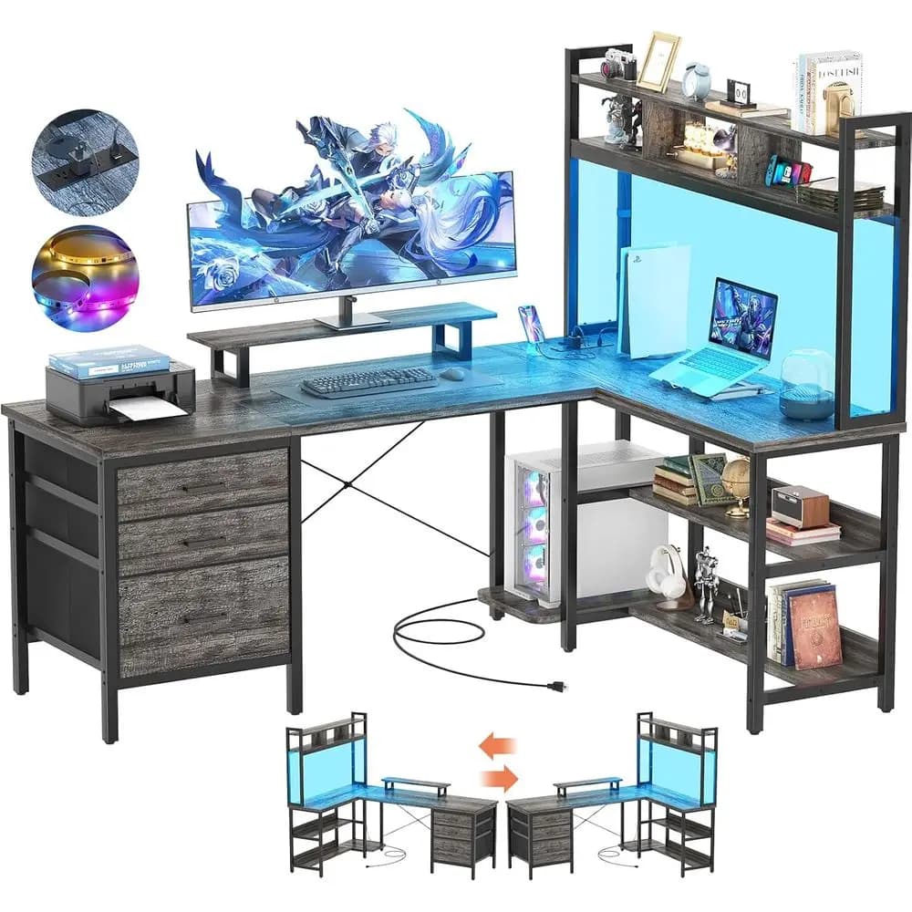 L-Shaped Desk with LED Gaming Lights, Reversible Power Outlet & Monitor Stand, Oak Finish, Home Office Storage Solutions