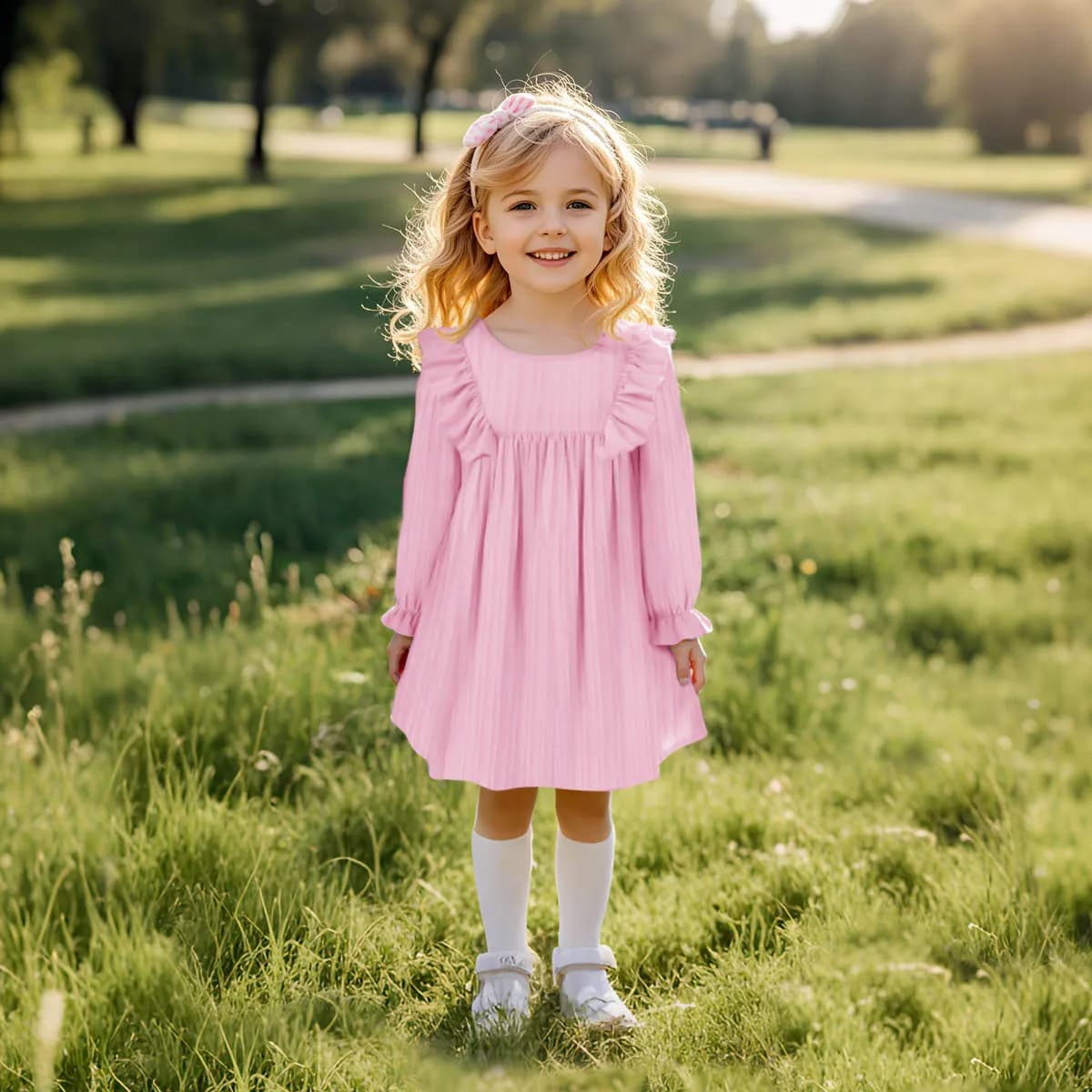 2025 Primavera e autunno da ragazza Nuovo abito a maniche lunghe Dolce tinta unita Casual Ruffle Edizione coreana Moda versatile
