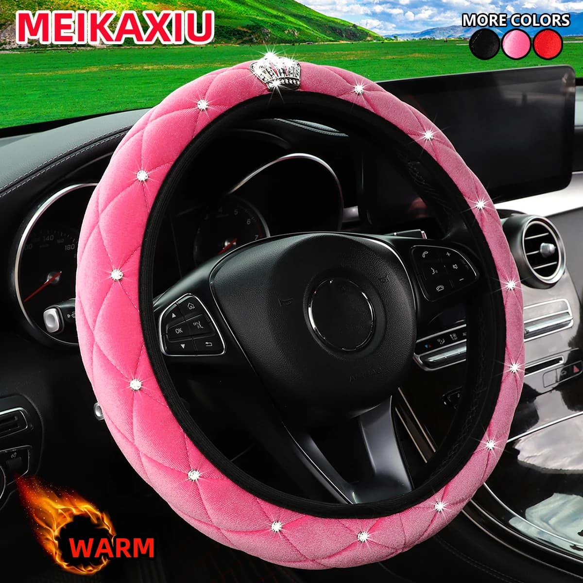 Winter cover in short fur velvet Crown studded with diamonds Interior accessory for sparkling auto without inner ring