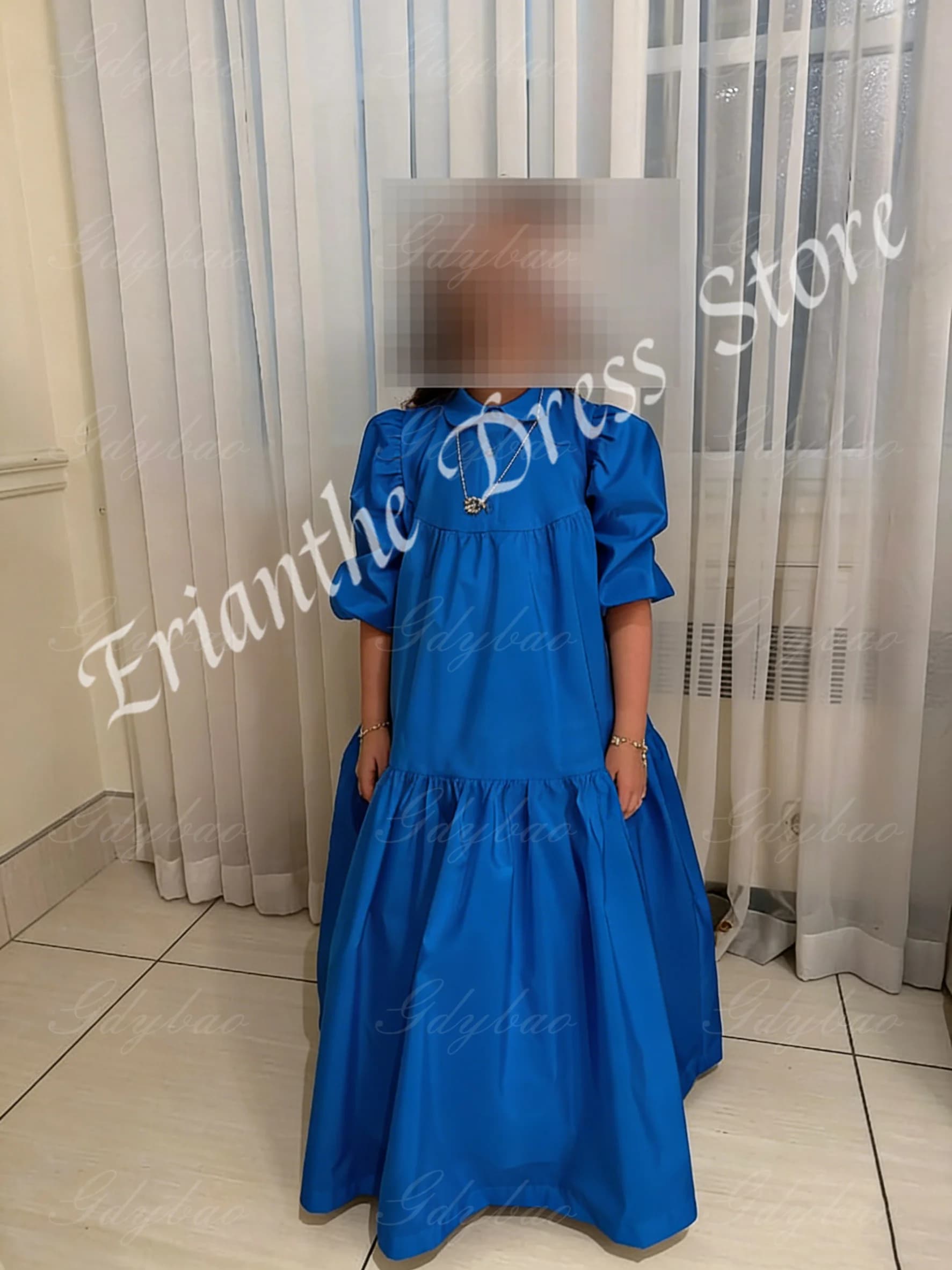 Abito da ragazza di fiore gonfio blu royal per matrimonio mezze maniche a vita alta prima comunione festa di compleanno abito da ballo personalizzato