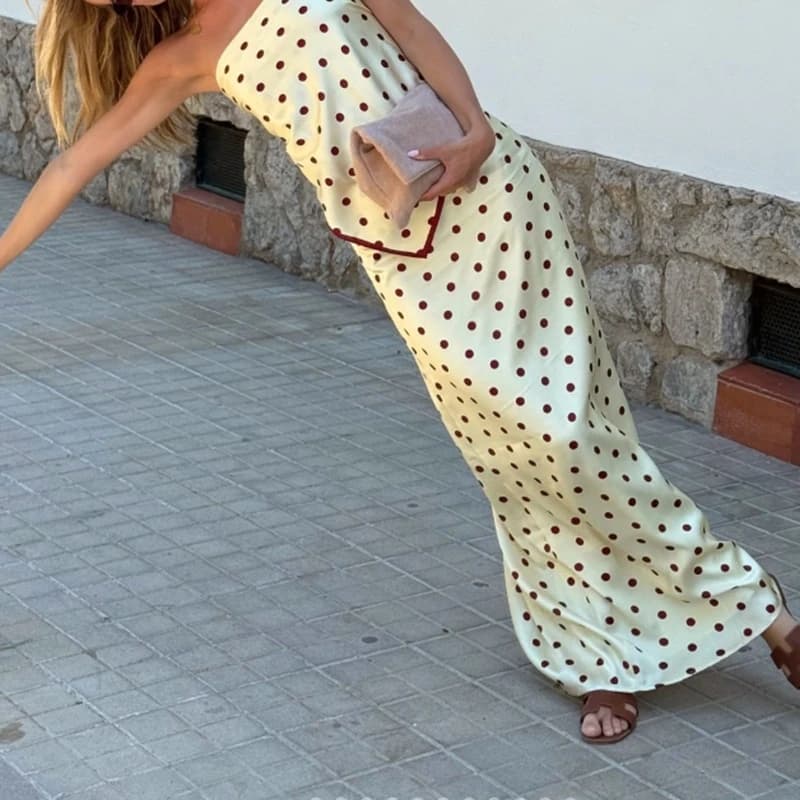 Completo da donna elegante in raso a 2 pezzi, set gonna estivo alla moda con pois, top a tubino senza spalline Y2K + gonna lunga in seta per uscire in serate