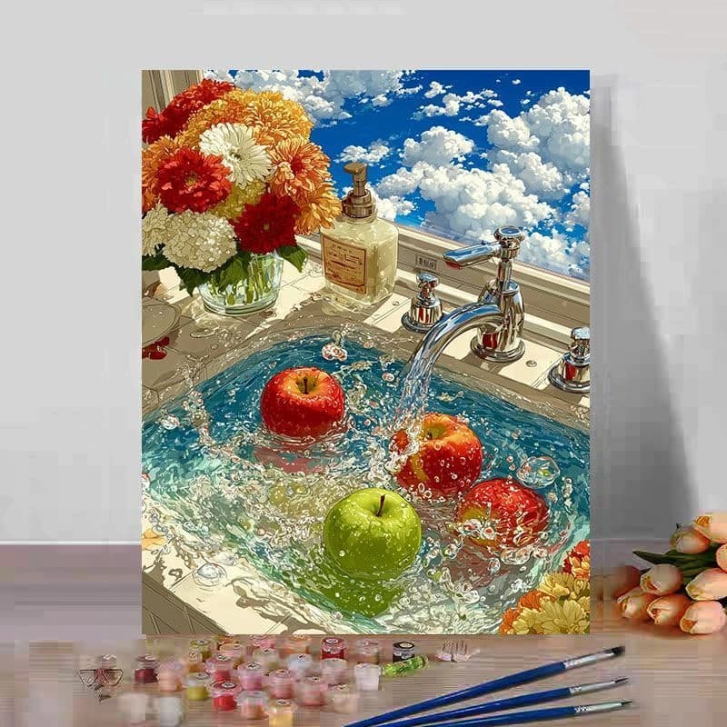 Oil Painting Apples in Sink Water Splash By Numbers Modern Wall Decor for Living Room Bedroom Perfect Gift Frameless