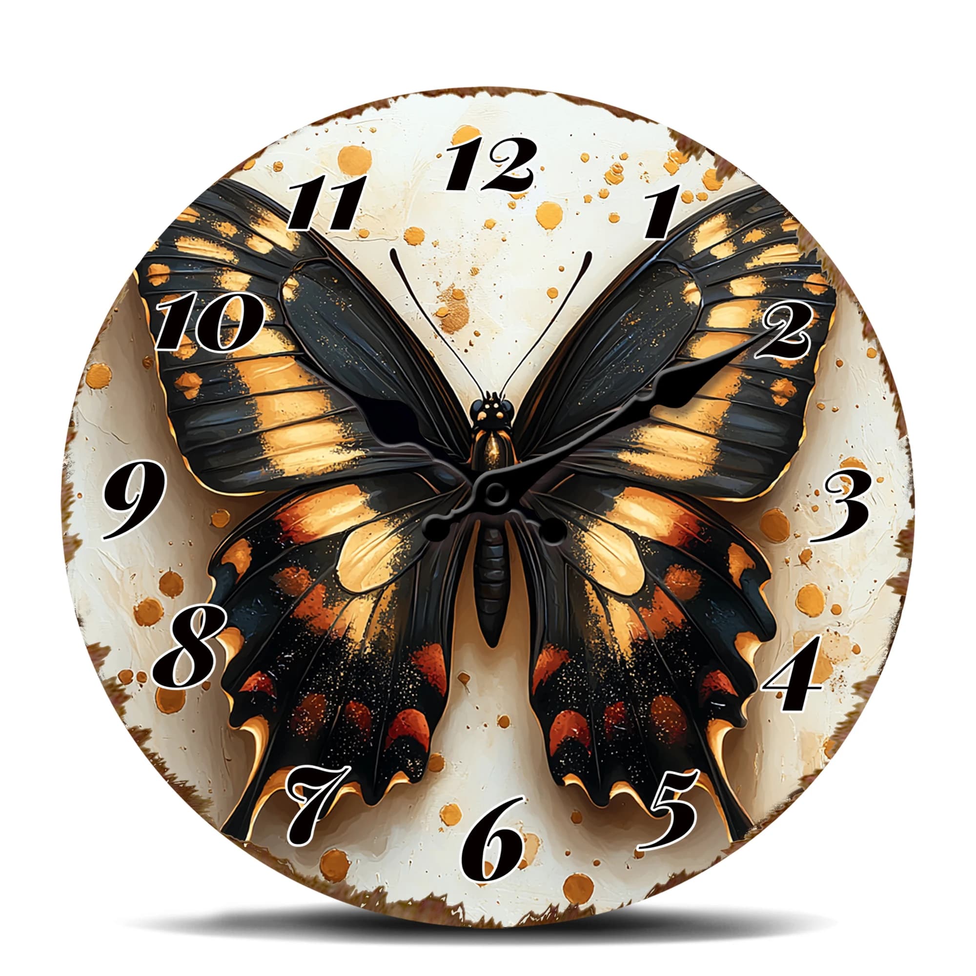 Wall Clock with Black Butterfly and Oranges, Decorative Watch with Vibrant Insetticida Art and Background Effect Sketches for Nature Lovers, Active