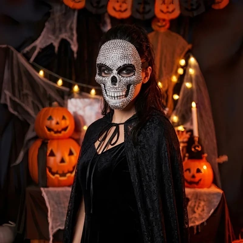 Maschera Teschio Horror per Feste di Halloween, Copriviso Decorato con Strass, Accessorio Costume Unisex, Perfetto per Uomini e Donne