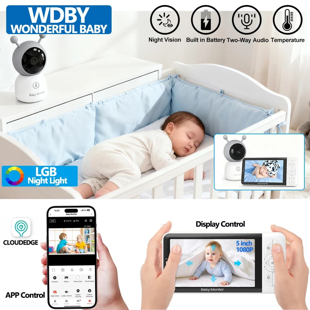 NUOVO baby monitor LCD da 5 pollici, con telecamera con luci notturne RGB, rotazione a 360°, app per telefono, monitoraggio del movimento, tracciamento automatico, articoli per neonati