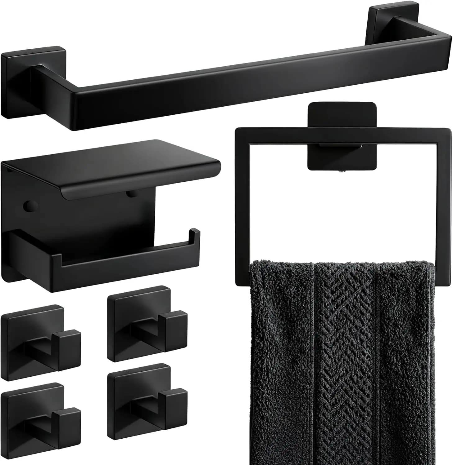 Set di 7 Accessori per Bagno in Nero Opaco, Portasciugamani in Acciaio Inox da 16 Pollici, Anello Portasciugamani, Porta Carta Igienica con Mensola