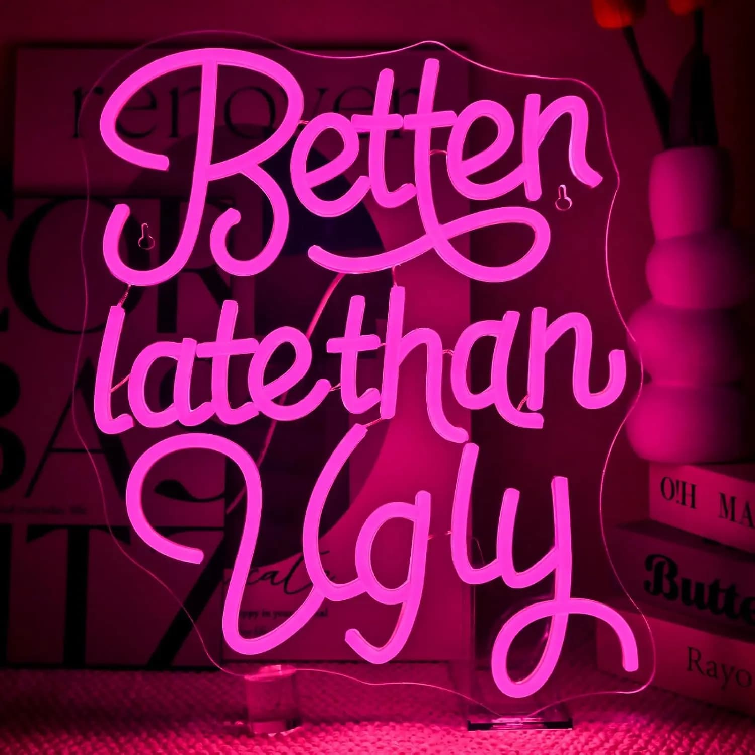 Meglio tardi del brutto Insegne al neon con lettere al neon Lettere rosa Luci a LED Decorazione da parete per camera da letto Salone Matrimonio Bar Festa