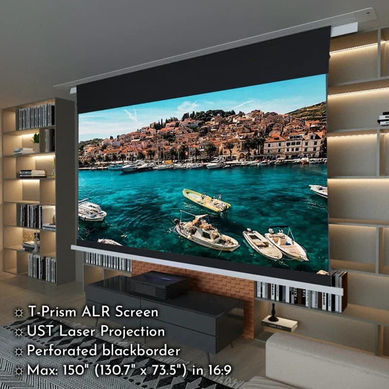 Trinovisuals Schermo ALR elettrico da incasso a soffitto da 100" ~ 120" per proiettori a lancio ultra corto