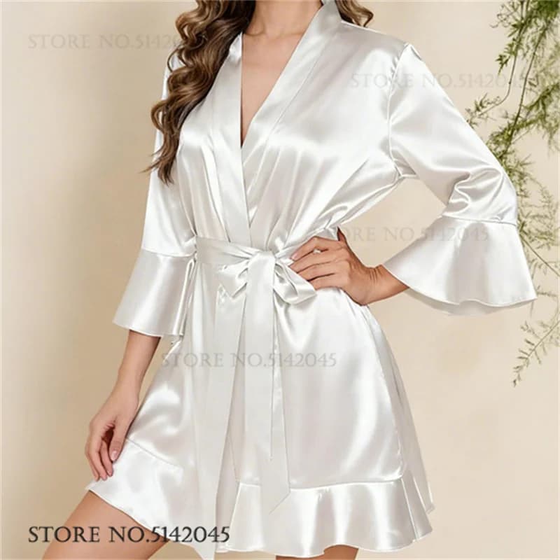 Vestaglia da Sposa in Raso di Seta Bianco, Sexy Abito da Notte per Sposa, Kimono, Accappatoio, Camicia da Notte Estiva Nuova, Lingerie Comoda per Casa