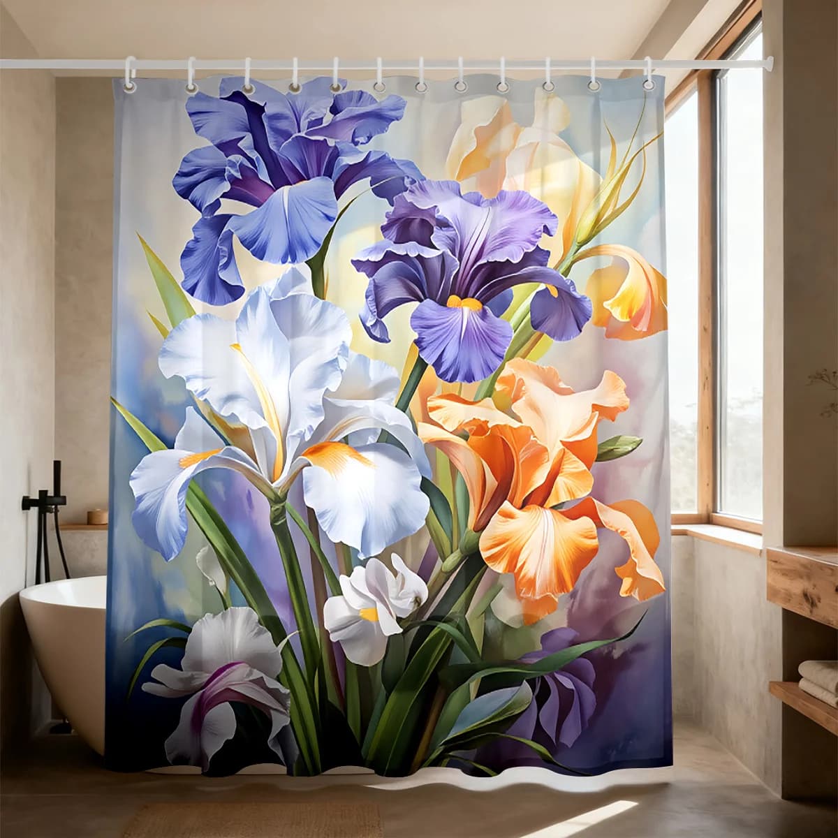 Vibrant Floral Shower Curtain Irises Bathroom Decor Washable Botanical Print Waterproof Shower Curtain 180x180cm