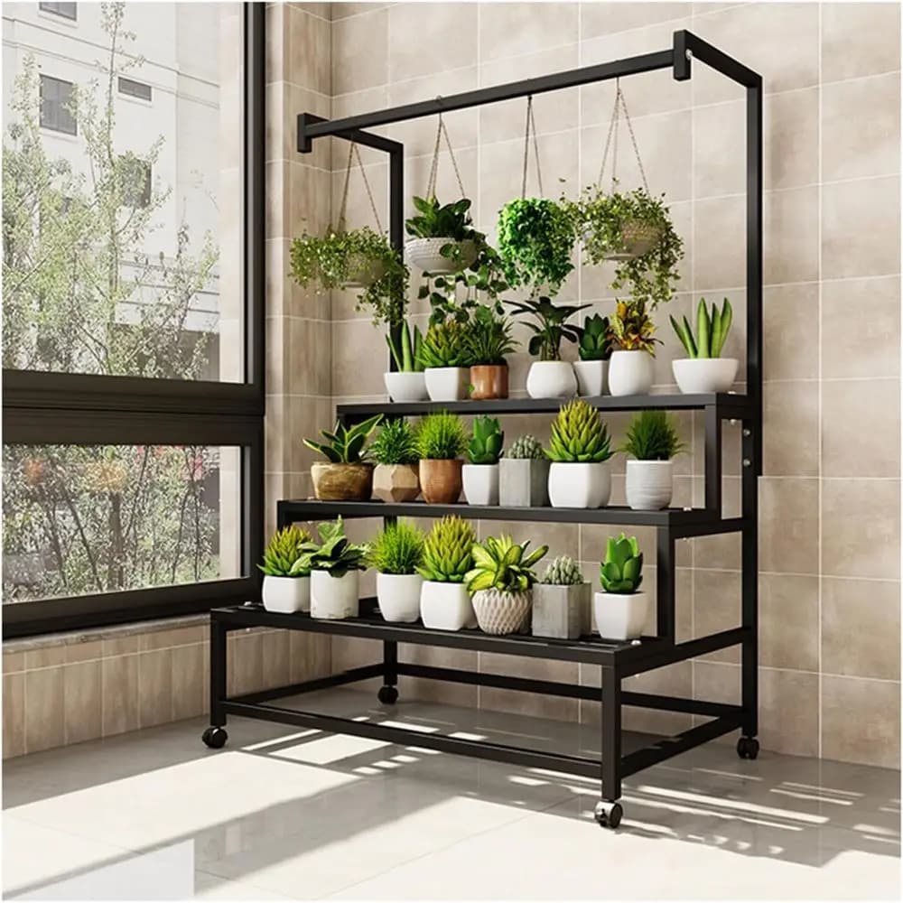 Supporto per Piante in Metallo a 4 Livelli con Vasi Sospesi, Altezza 67, Robusto con Ruote per Casa, Giardino o Balcone (Nero, 39)