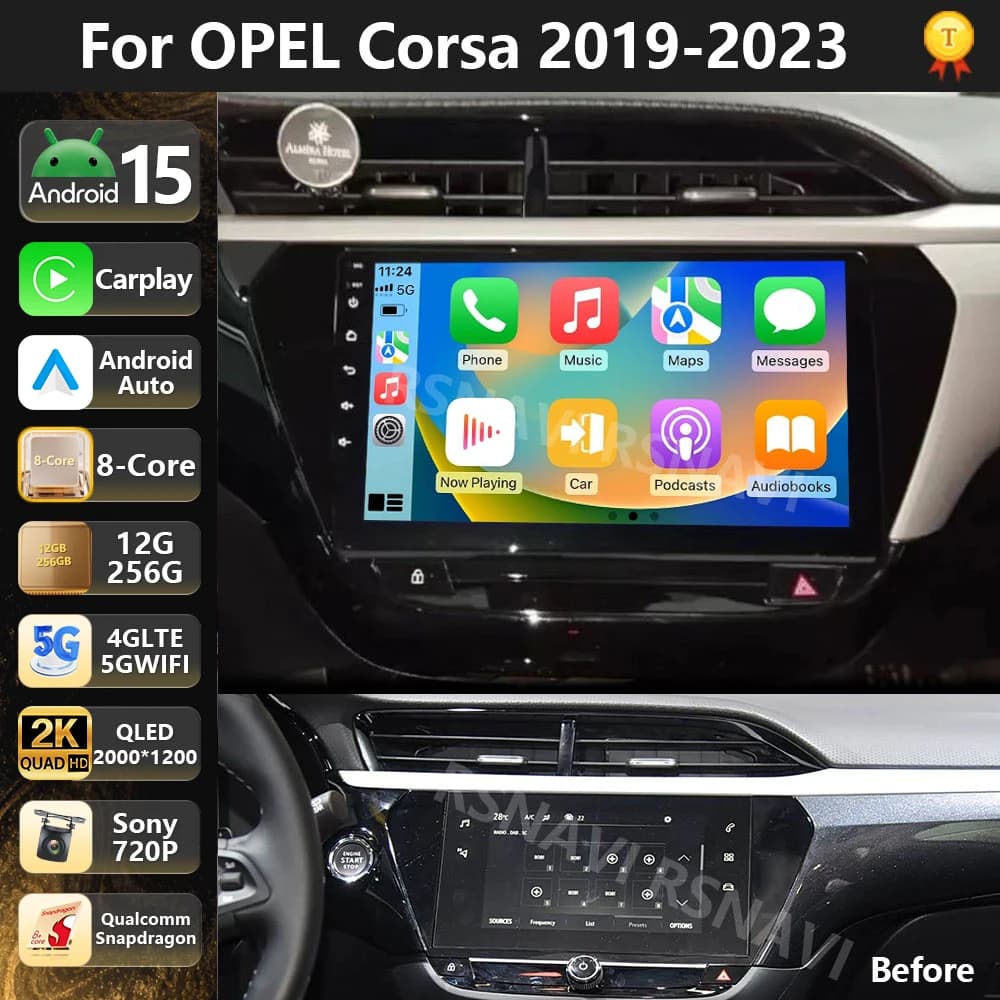 Autoradio multimediale Qualcomm Android 15 per Opel Corsa F 2019-2023 con Carplay, Stereo DSP, Wi-Fi+4G, 2 Din, BT, Video e GPS