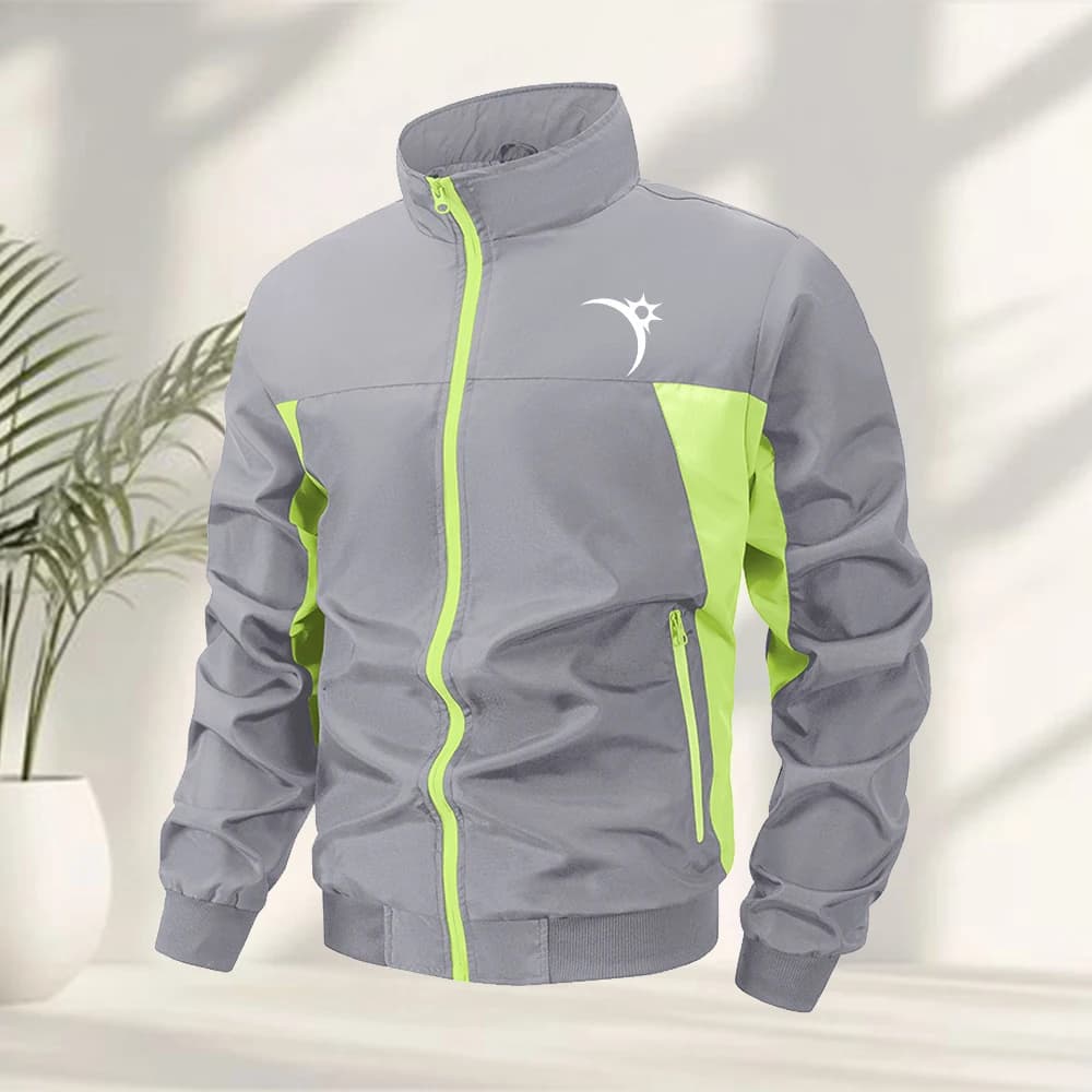 Men's Simple Sun Print Color Block Stand Collar Zipper Sports Jacket Outdoor Fitness Hiking Casual Jacket With Zipper Pockets