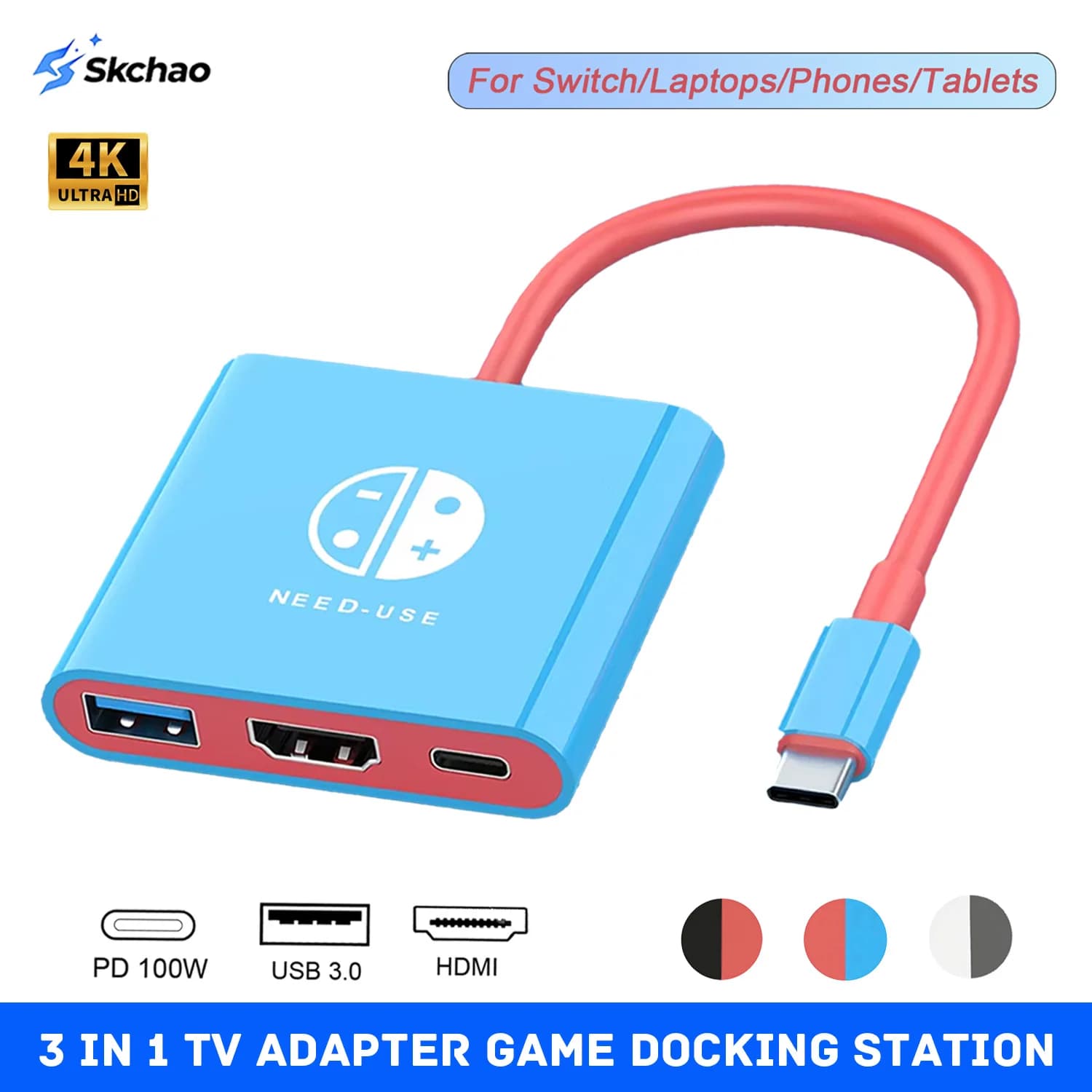 HDMI 4K 3-in-1 Adapter for TV, Docking Station with Quick Charging PD 100W, USB 3.0 ports and Type-C for Switch/OLED/Laptop/Telephone