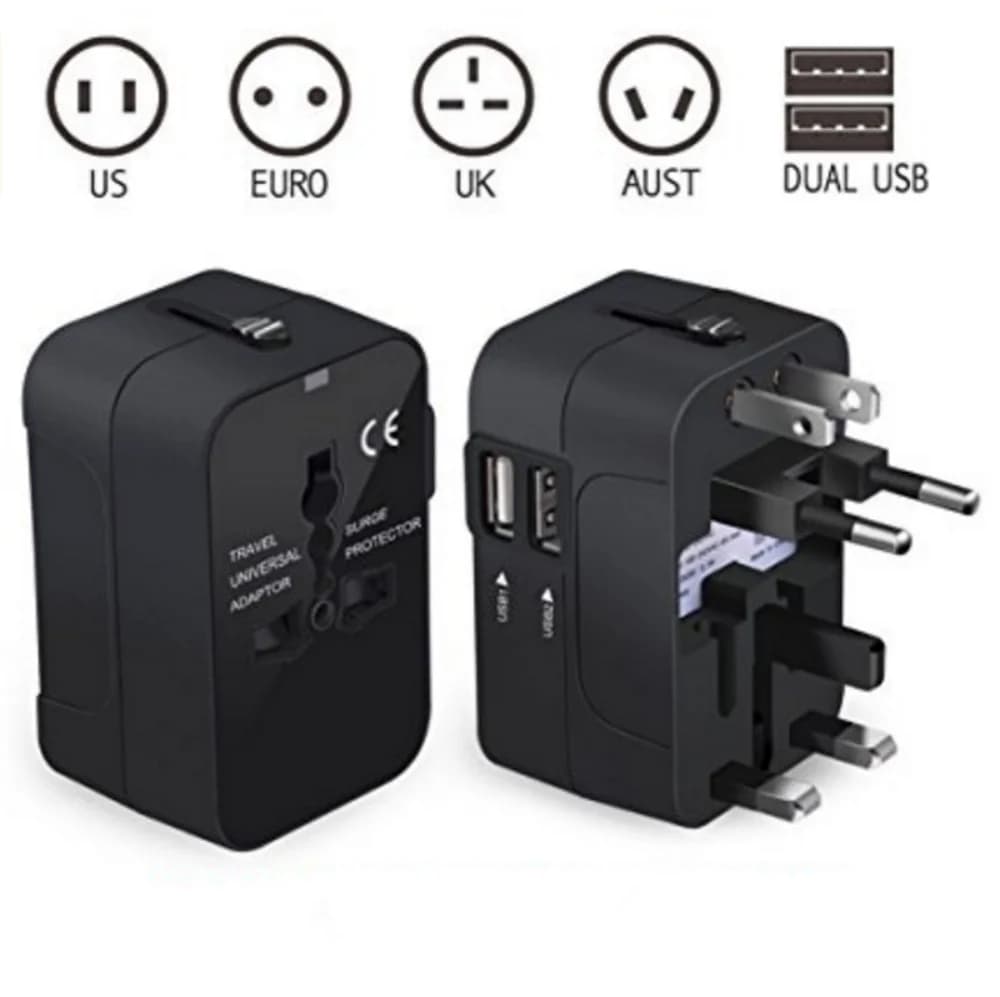 Adattatore da viaggio universale per tutto il mondo Caricatore multi-spina US/EU/UK/AU con doppio convertitore per presa di conversione da viaggio USB a 2 porte