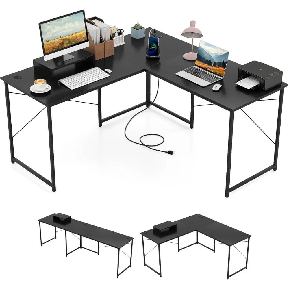 Scrivania per computer a forma di L con prese di corrente, scrivania lunga 95 pollici per 2 persone con ripiano per monitor, tavolo da gioco moderno da scrivania ad angolo con USB