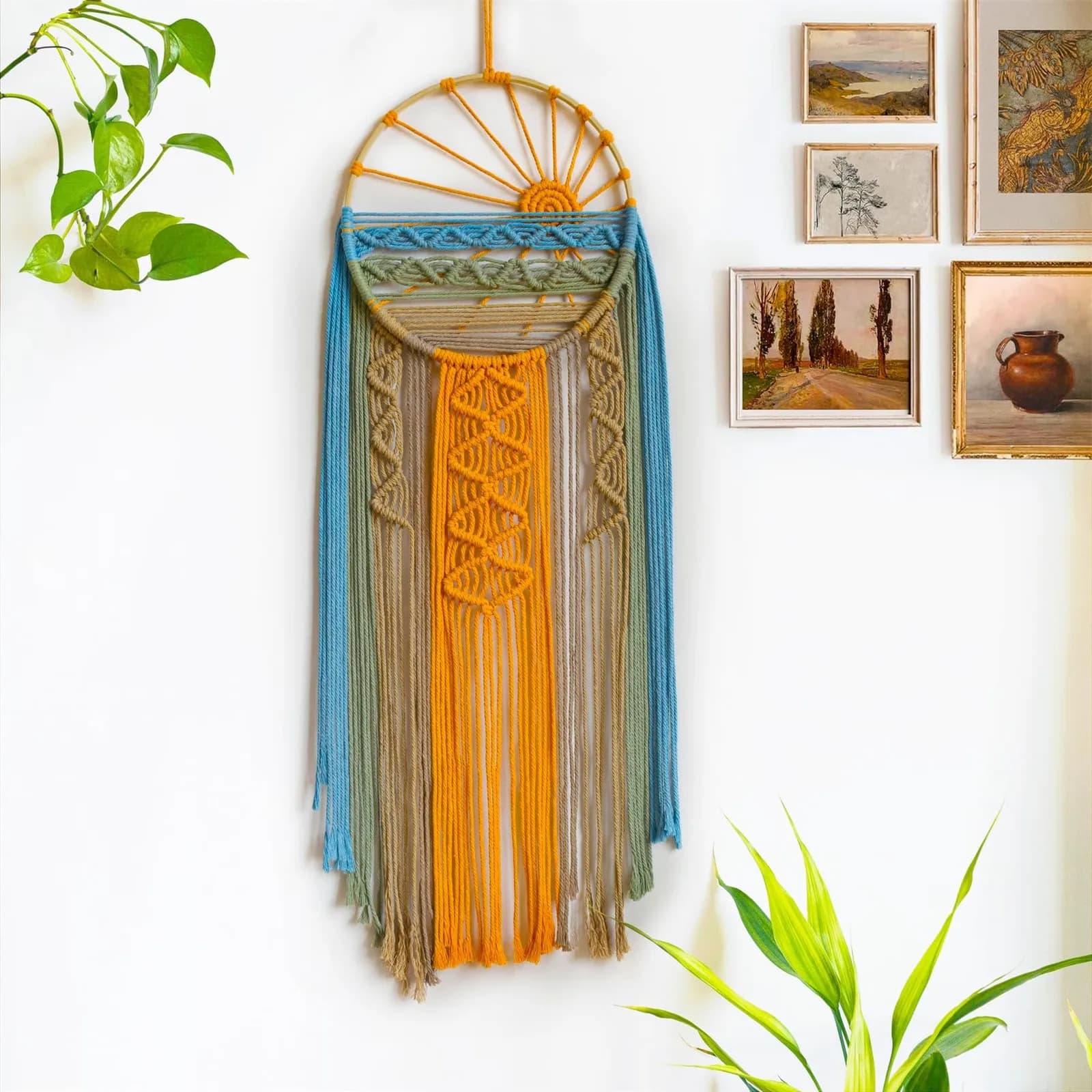 Macrame Wall Hanging Boho Sunset Dream Catcher Wall Decor Hand Woven Cotton Rope Tapestry Bohemian Home Wall Art For