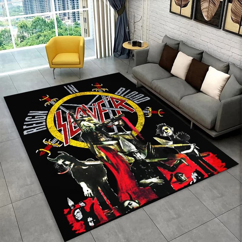 Tappeto con Logo della Band Heavy Metal Retro Slayer per Camera da Letto, Soggiorno, Divano, Zerbino, Decorazione Casa, Tappeto Antiscivolo per Area Giochi Bambini