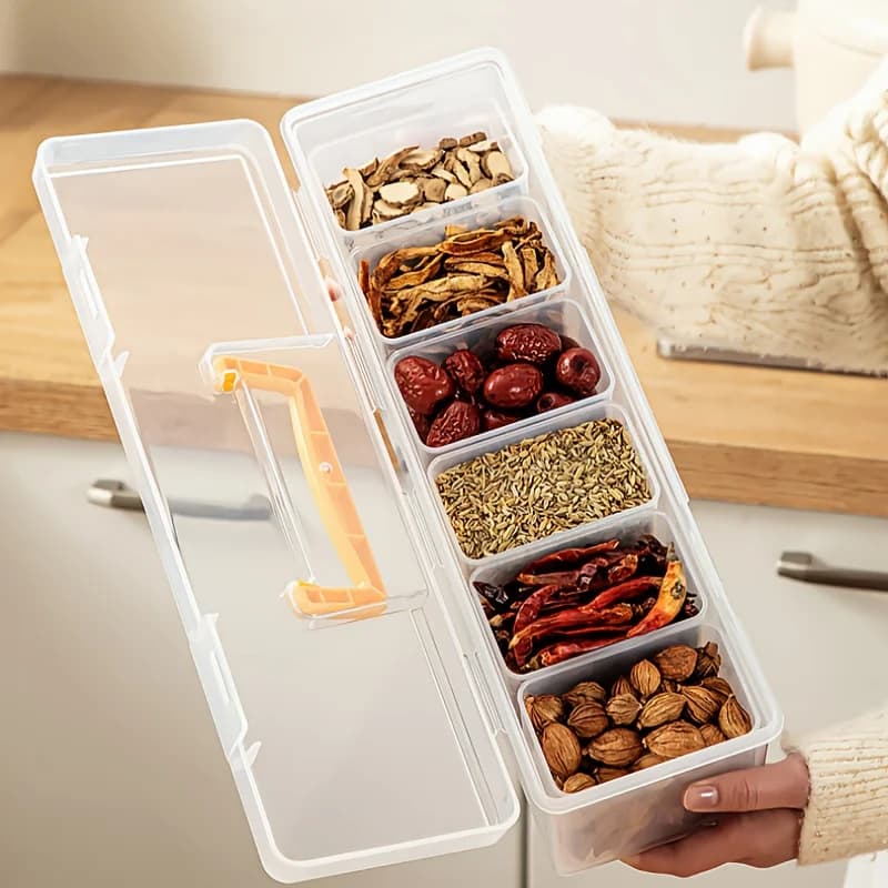 7pcs Spice Storage Containers with Lids, Stackable Divided Seasoning Box Set, Airtight Transparent Food Organizer for Kitchen