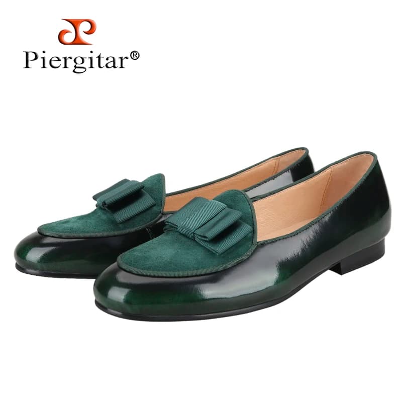 Piergitar Five Colors Hand-Polished Leather Patchwokr Suede Slip-On Slippers For Party Wear Classic Handmade Bow Men's Loafers