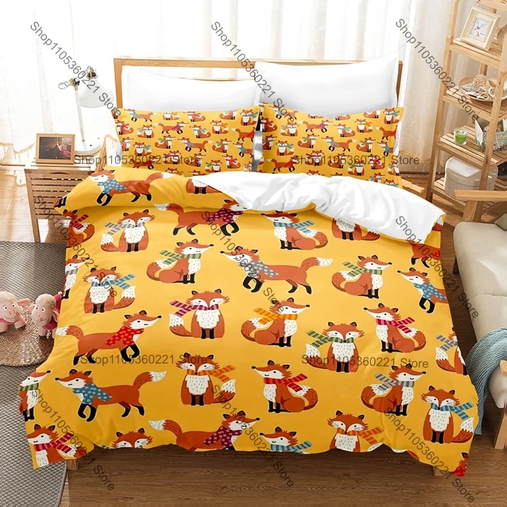 Kawaii Cartoon Fox Bedding Set Single Twin Full Queen King Size Bed Set Adult Bedroom Duvetcover Sets Anime Bed Sheet Set