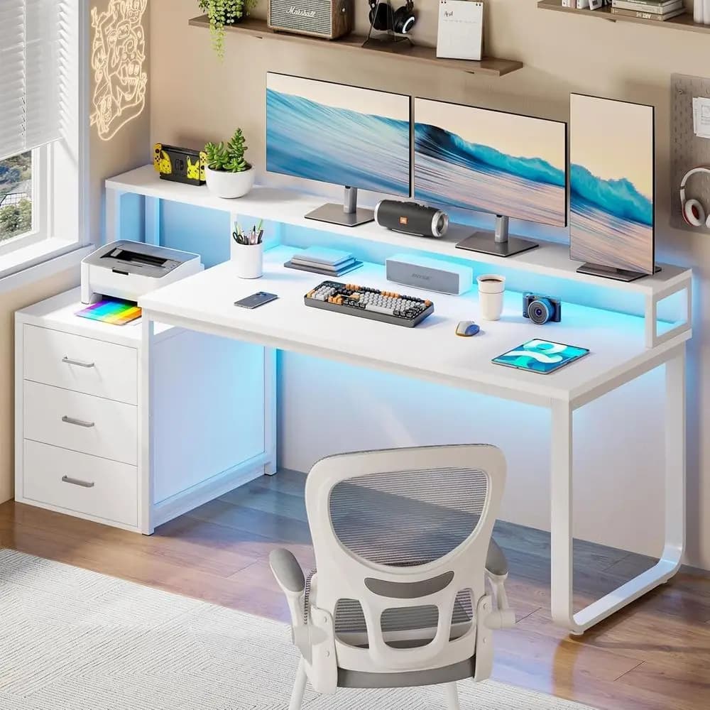 Scrivania da Ufficio Bianca da 170 cm con 3 Cassetti, Supporto Monitor Esteso, Ripiano per Stampante e Spazio di Archiviazione con Luci LED