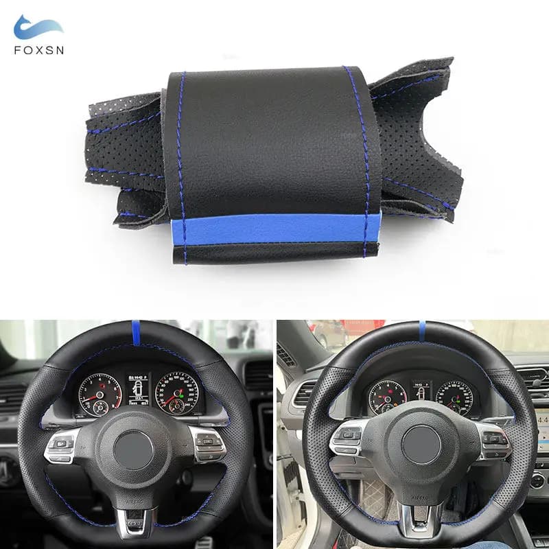 Hand sewn leather cover for VW Golf 6 GTI MK6 Polo GTI Scirocco R Passat CC Tiguan (R-Line) Blue Strip