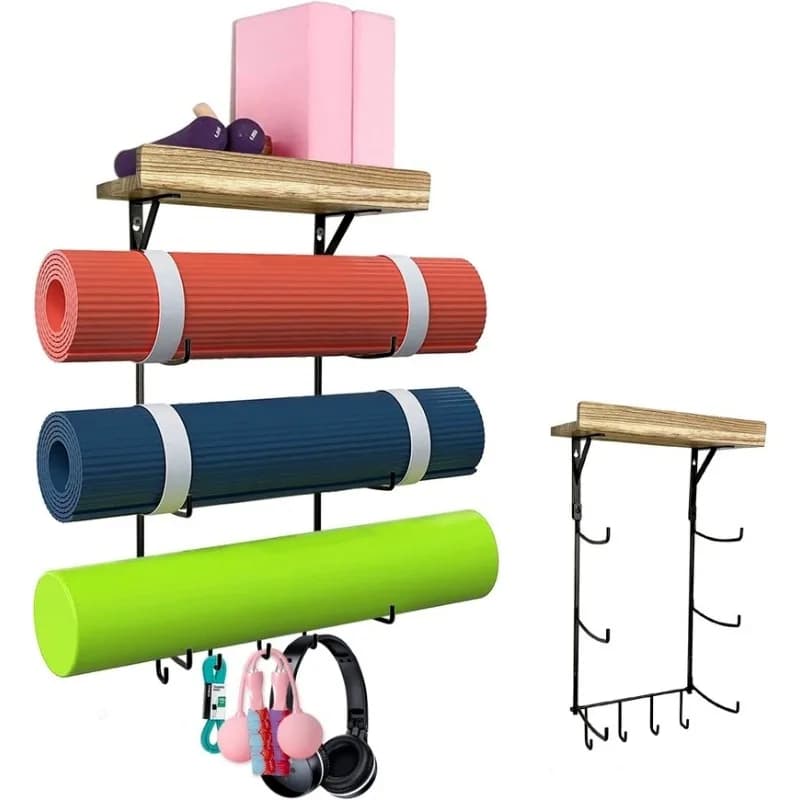 BJSSBHJH Wall Mount Yoga Mat Holder Sturdy Storage Organizer with 4 Hooks for Foam Roller, Resistance Bands and Yoga Accessories, Ideal Home Gym Storage