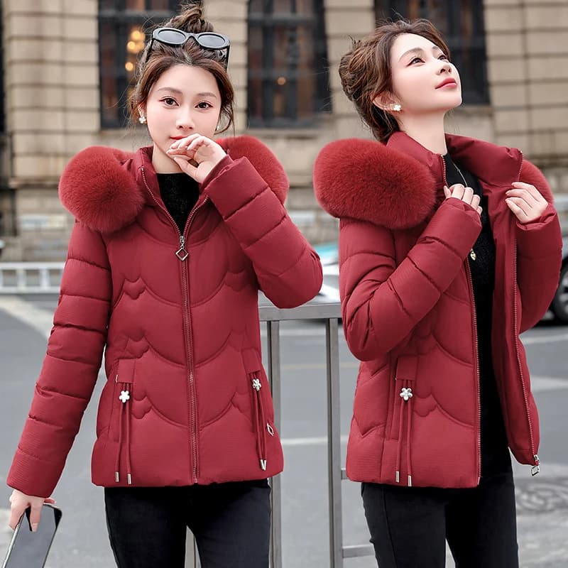 Short Detachable Hat Large Fur Collar down Cotton Jacket Women Winter Clothes plus Size Slimming Thickened Cotton Coat Outerwear